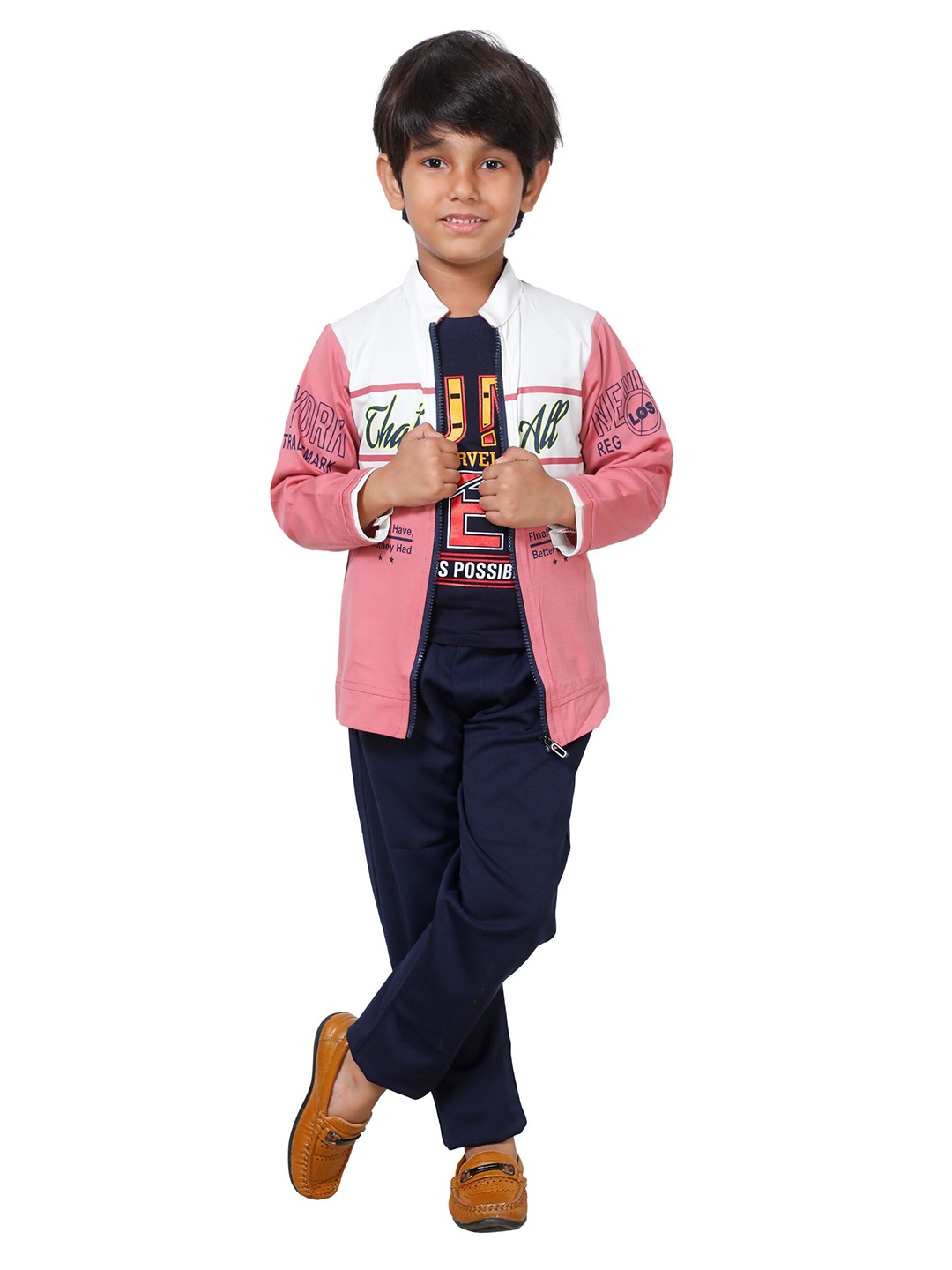 

DKGF FASHION Boys Pink & Blue Printed 3-Piece Suit