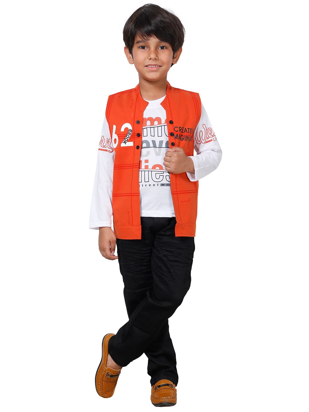 

DKGF FASHION Boys Orange T-shirt with Trousers