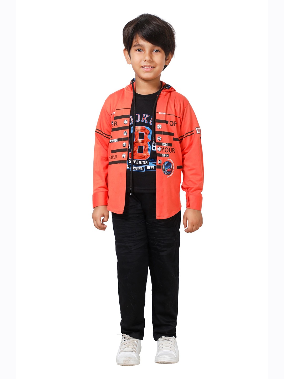 

DKGF FASHION Boys Orange & Black Printed 3-Piece Suit