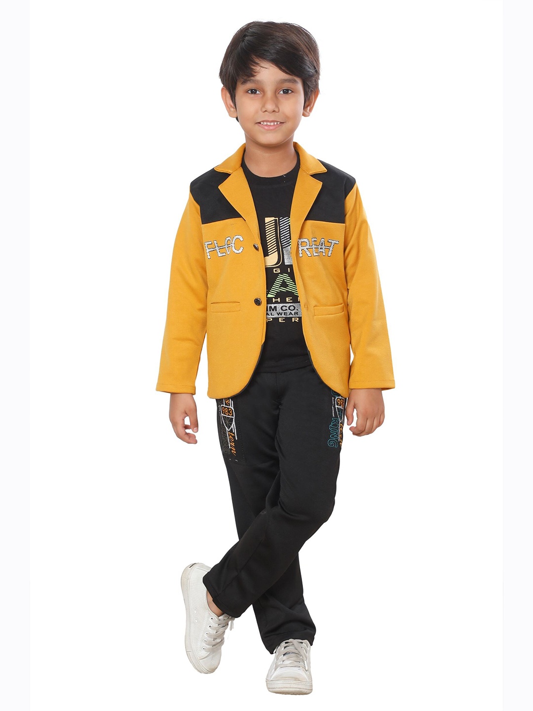 

DKGF FASHION Boys Black & Yellow Printed T-shirt with Jeans & Blazer