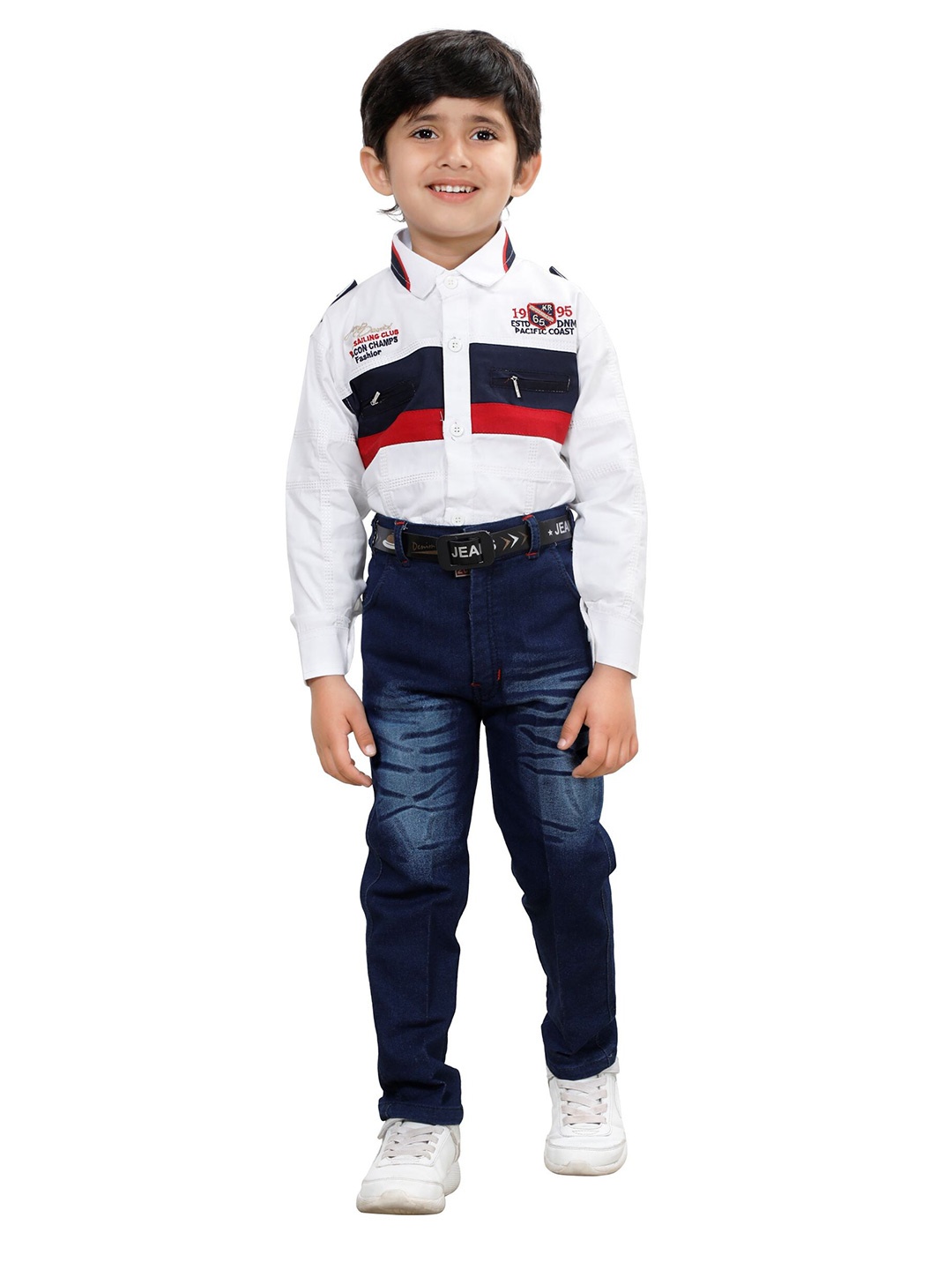 

DKGF FASHION Boys Blue & White Printed Shirt with Jeans