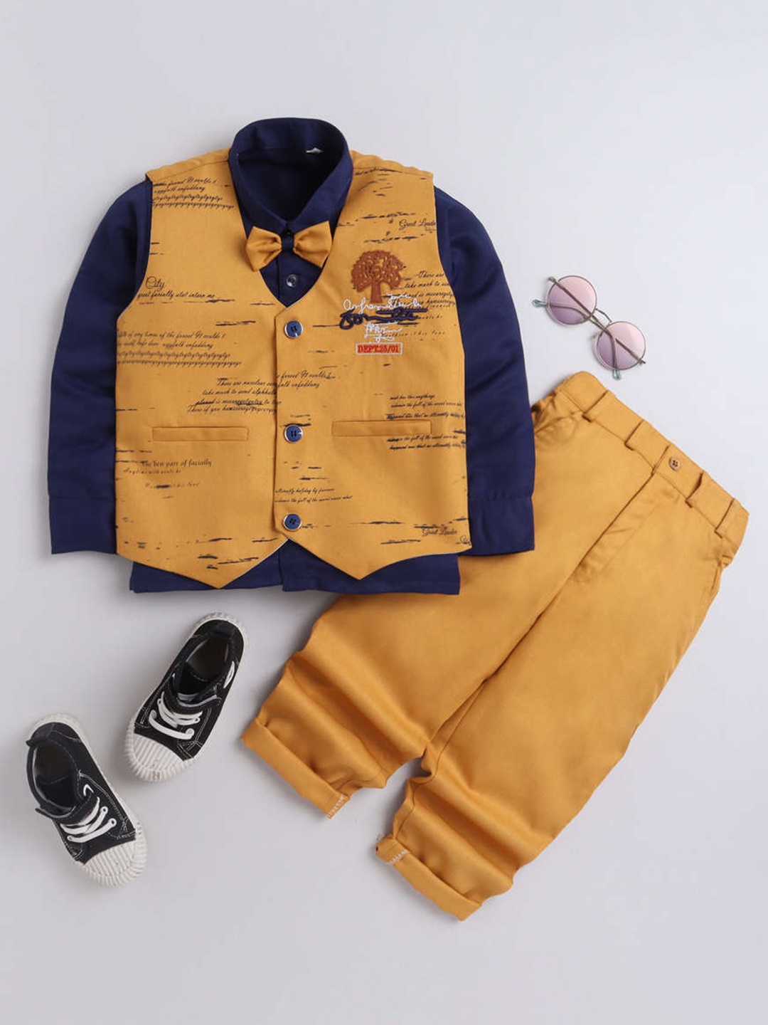 

DKGF FASHION Boys Mustard Shirt with waist coat