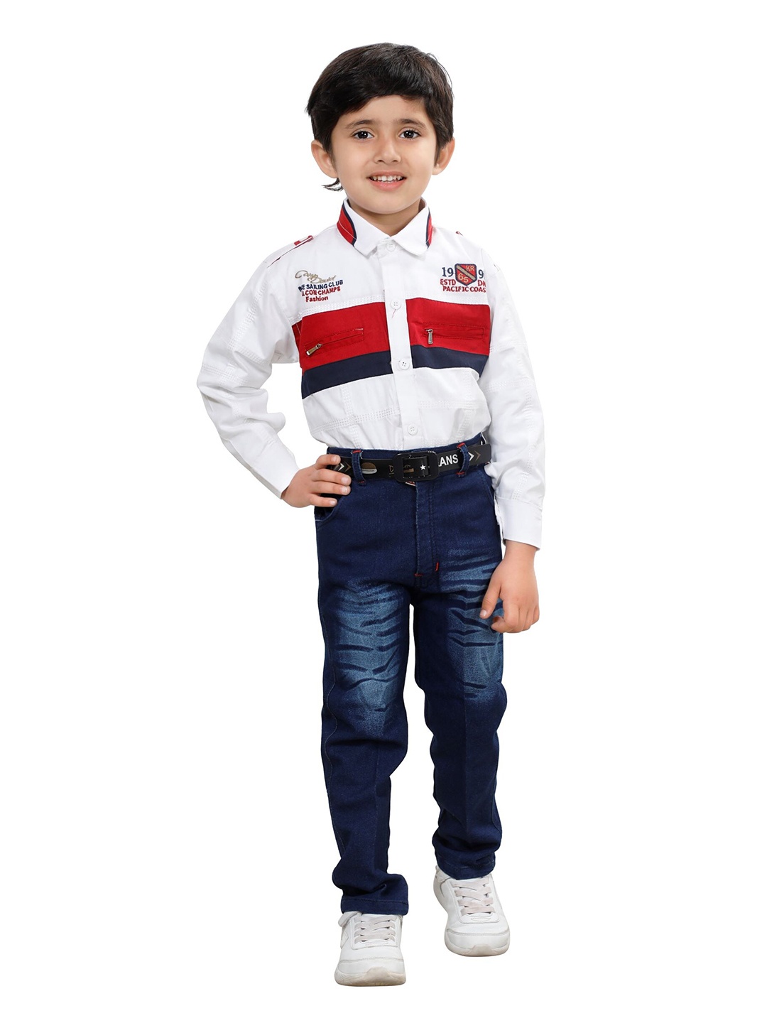 

DKGF FASHION Boys Red & Blue Colourblocked Shirt with Trousers