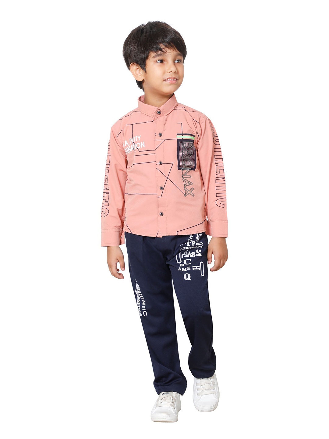 

DKGF FASHION Boys Pink & Navy Blue Printed Shirt with Trousers