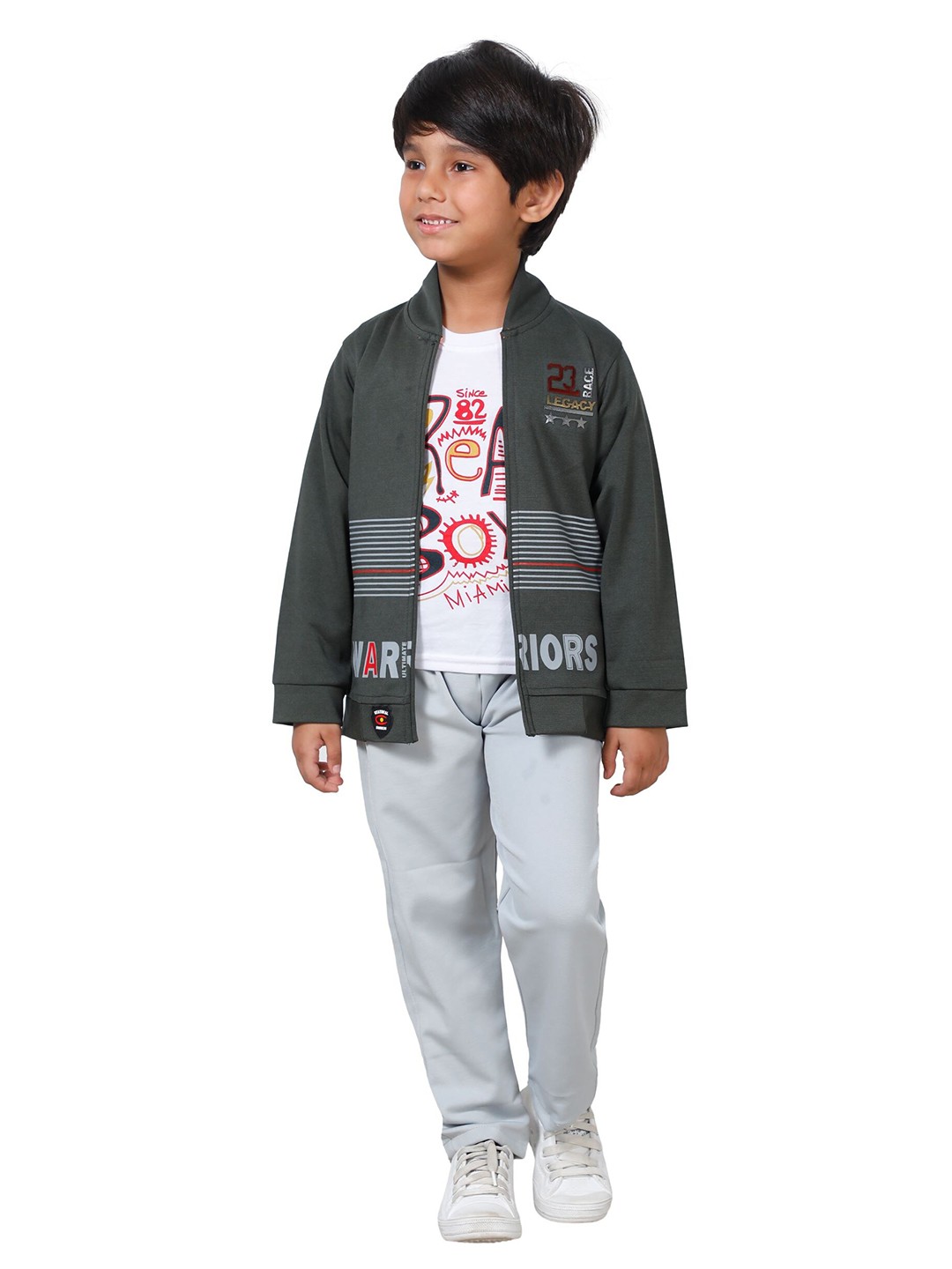 

DKGF FASHION Boys 3 Piece Green & White Printed T-shirt with Trousers