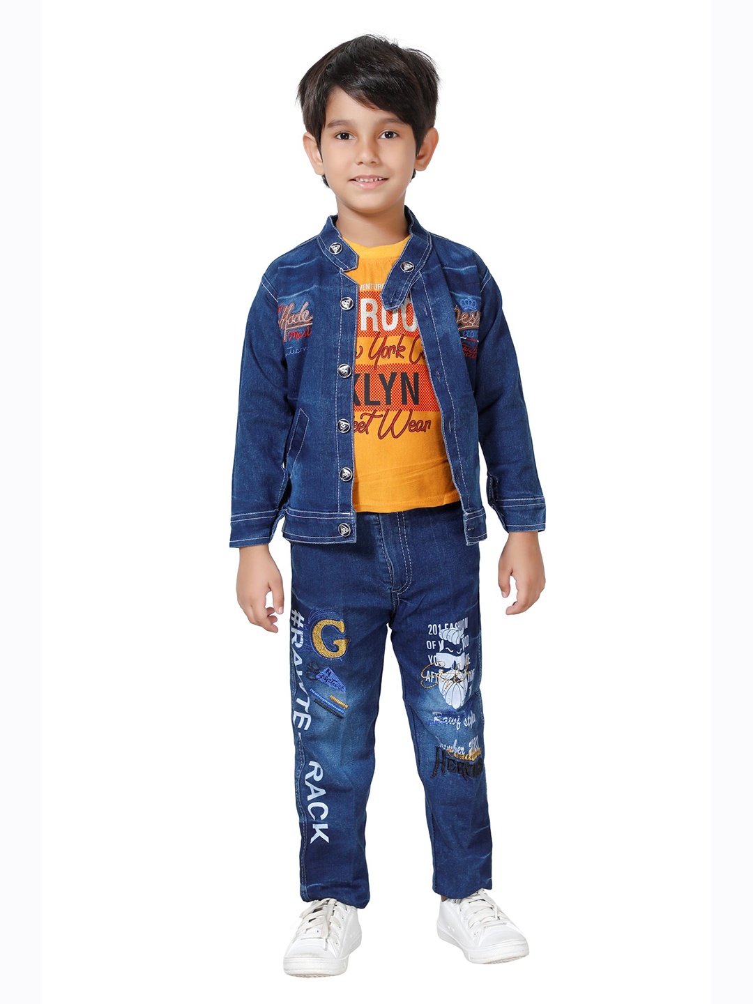 

DKGF FASHION Boys Mustard Yellow & Blue Printed T-shirt with Jeans & Jacket