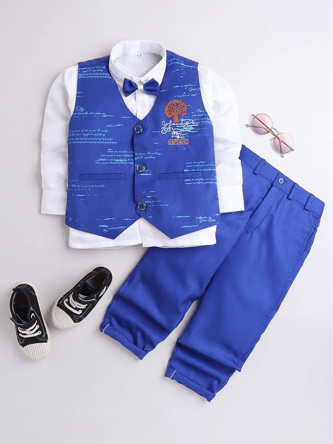 

DKGF FASHION Boys Blue & White Printed Shirt with Trousers & Waistcoat