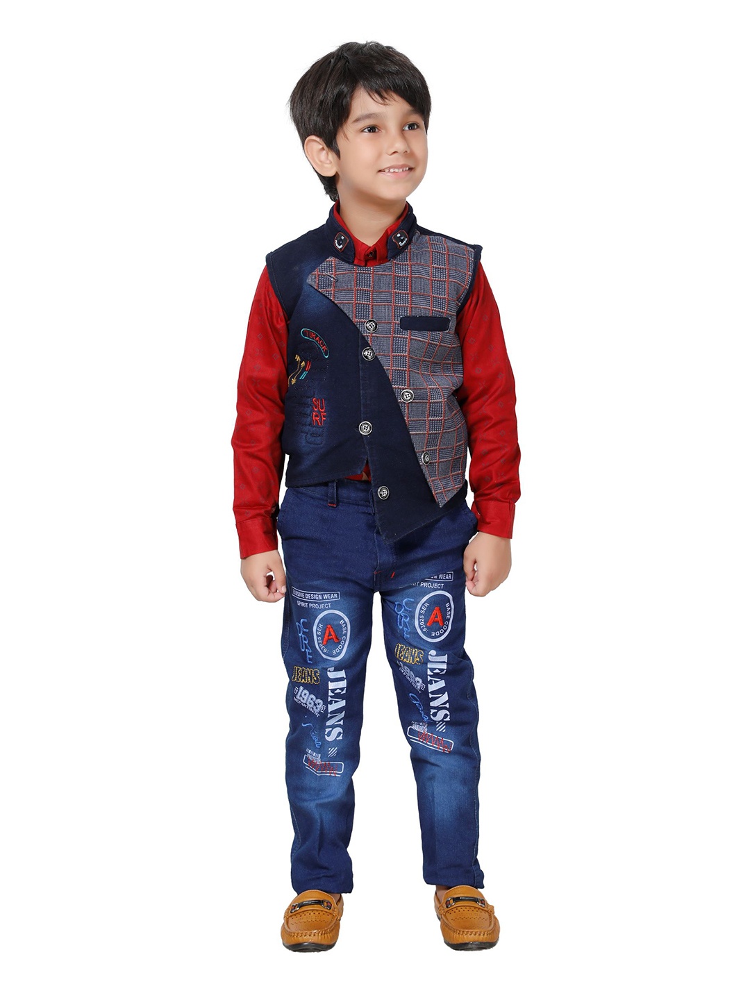 

DKGF FASHION Boys Red & Blue Shirt with Trousers & Waistcoat