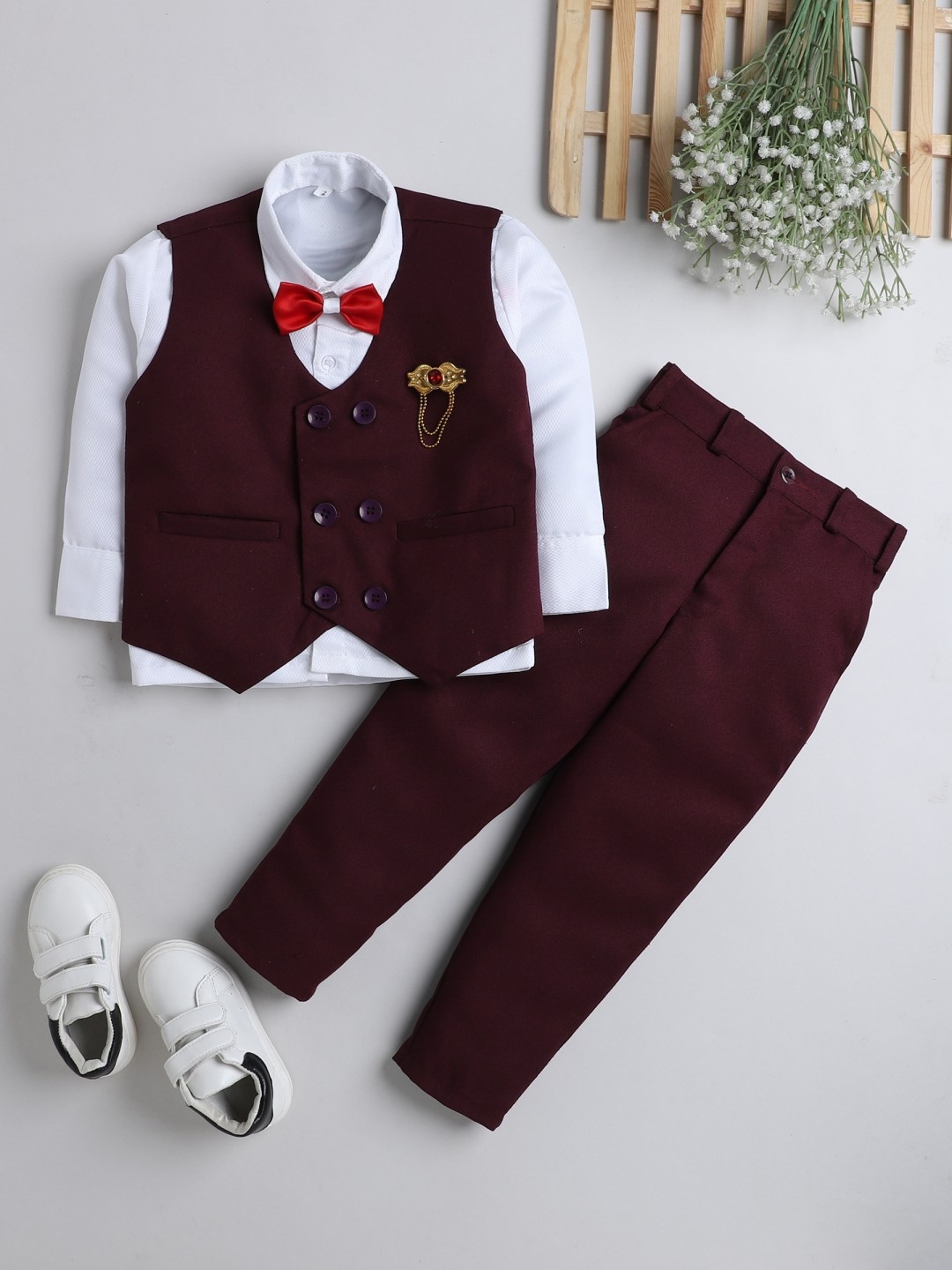 

DKGF FASHION Boys Maroon Shirt with Trousers & Waistcoat