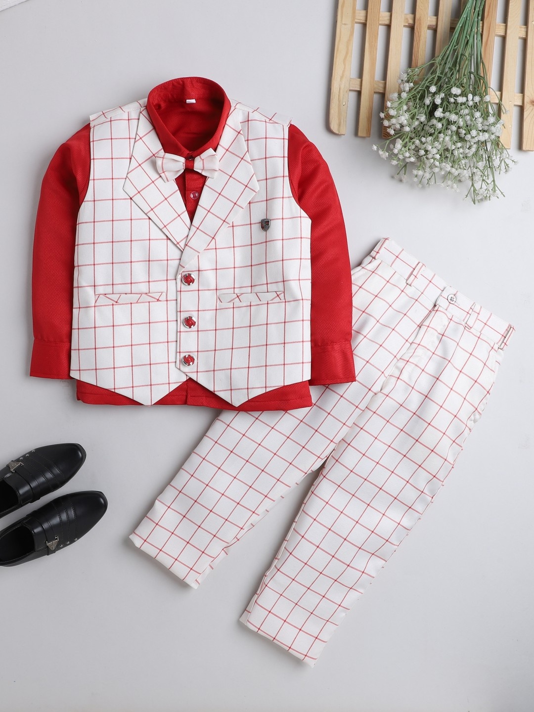 

DKGF FASHION Boys Red & Cream-Coloured Checked Shirt & Trousers