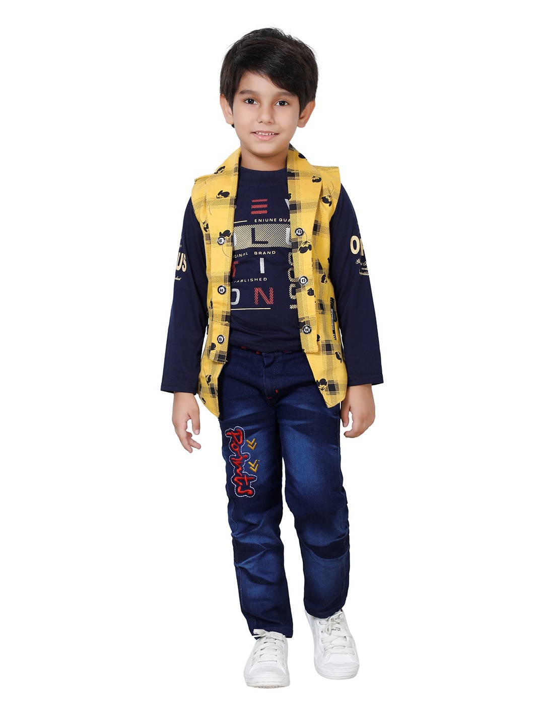 

DKGF FASHION Boys Yellow & Blue Printed 3-Piece Clothing Set