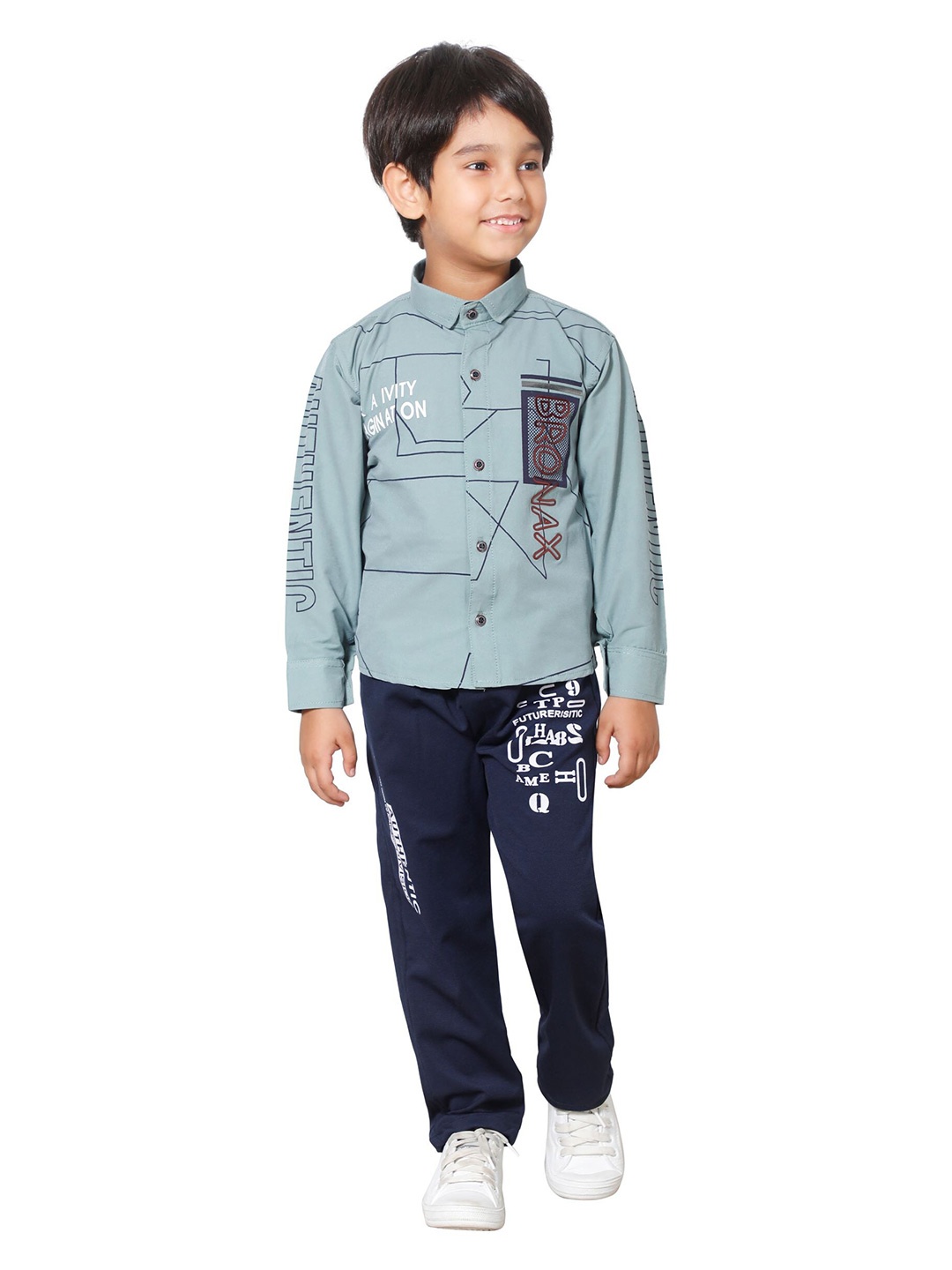 

DKGF FASHION Boys Green Printed Shirt with Trousers