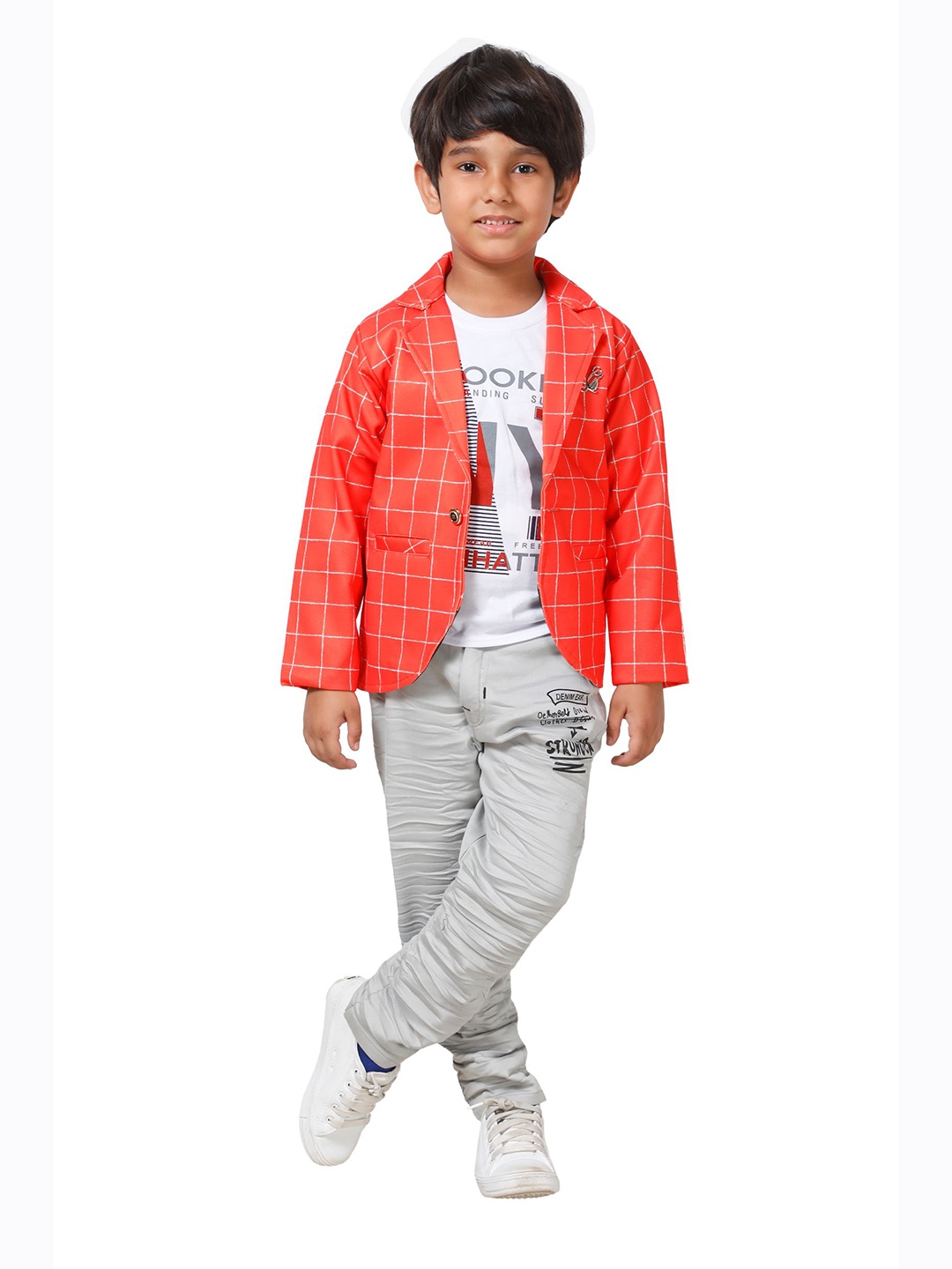 

DKGF FASHION Boys Orange & Grey Checked T-shirt with Trousers