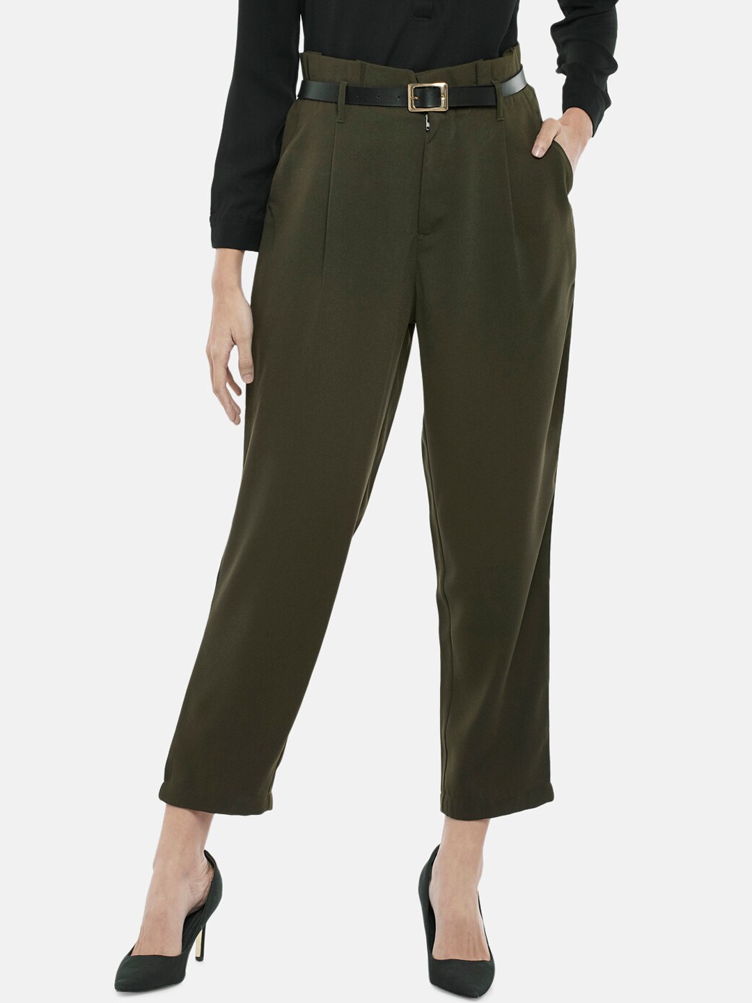 

Annabelle by Pantaloons Women Olive Green Tapered Fit High-Rise Pleated Crop Trousers