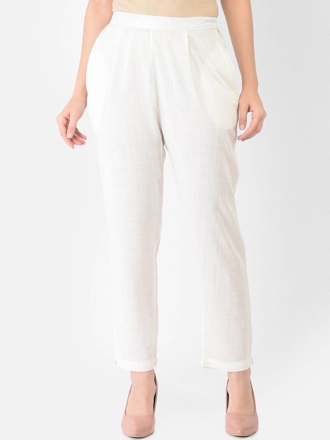 

Ojjasvi Women Off White Comfort Tapered Fit Pleated Trousers