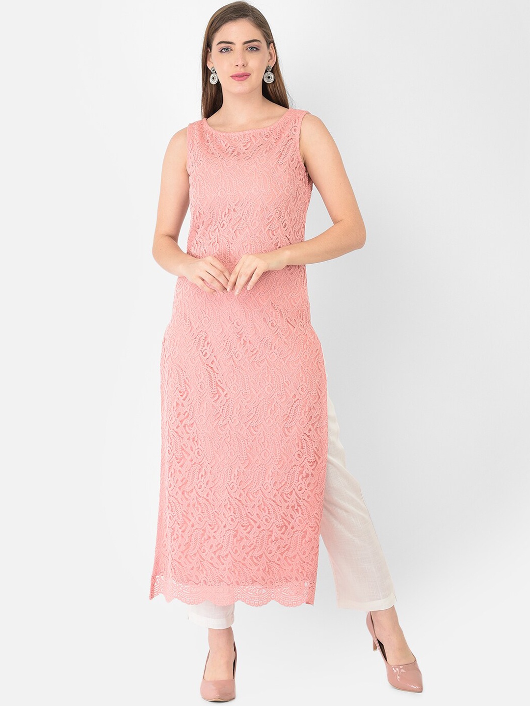Ojjasvi Women Peach-Coloured Ethnic Motifs Self Design Lace Straight Kurta