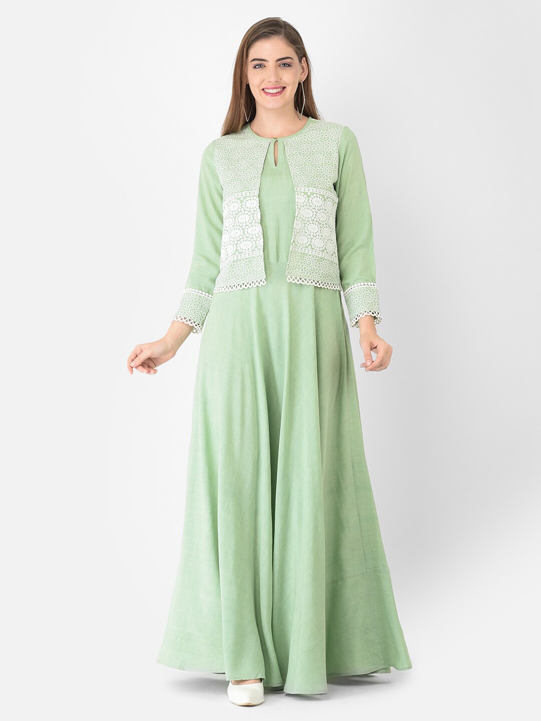 

Ojjasvi Green Solid Keyhole Neck Maxi Dress with attached Embroidered Shrug