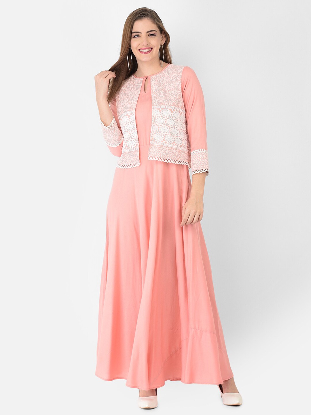 

Ojjasvi Peach-Coloured Floral Embroidered Keyhole Neck Maxi Dress