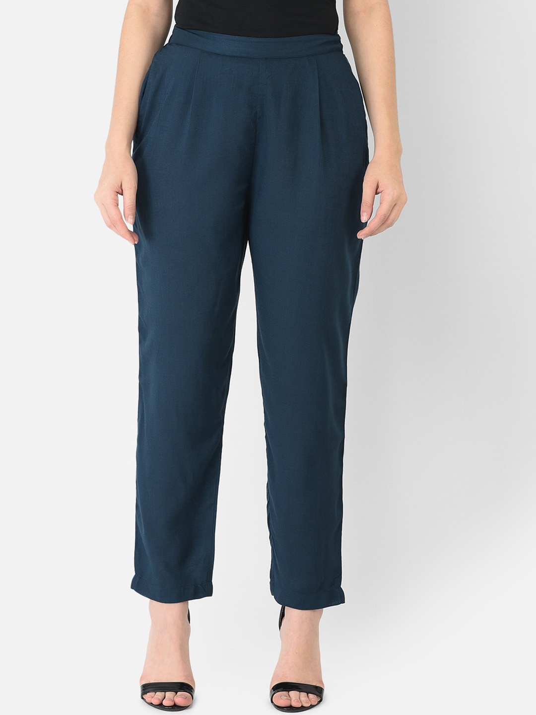 

Ojjasvi Women Teal Comfort Tapered Fit Pleated Trousers