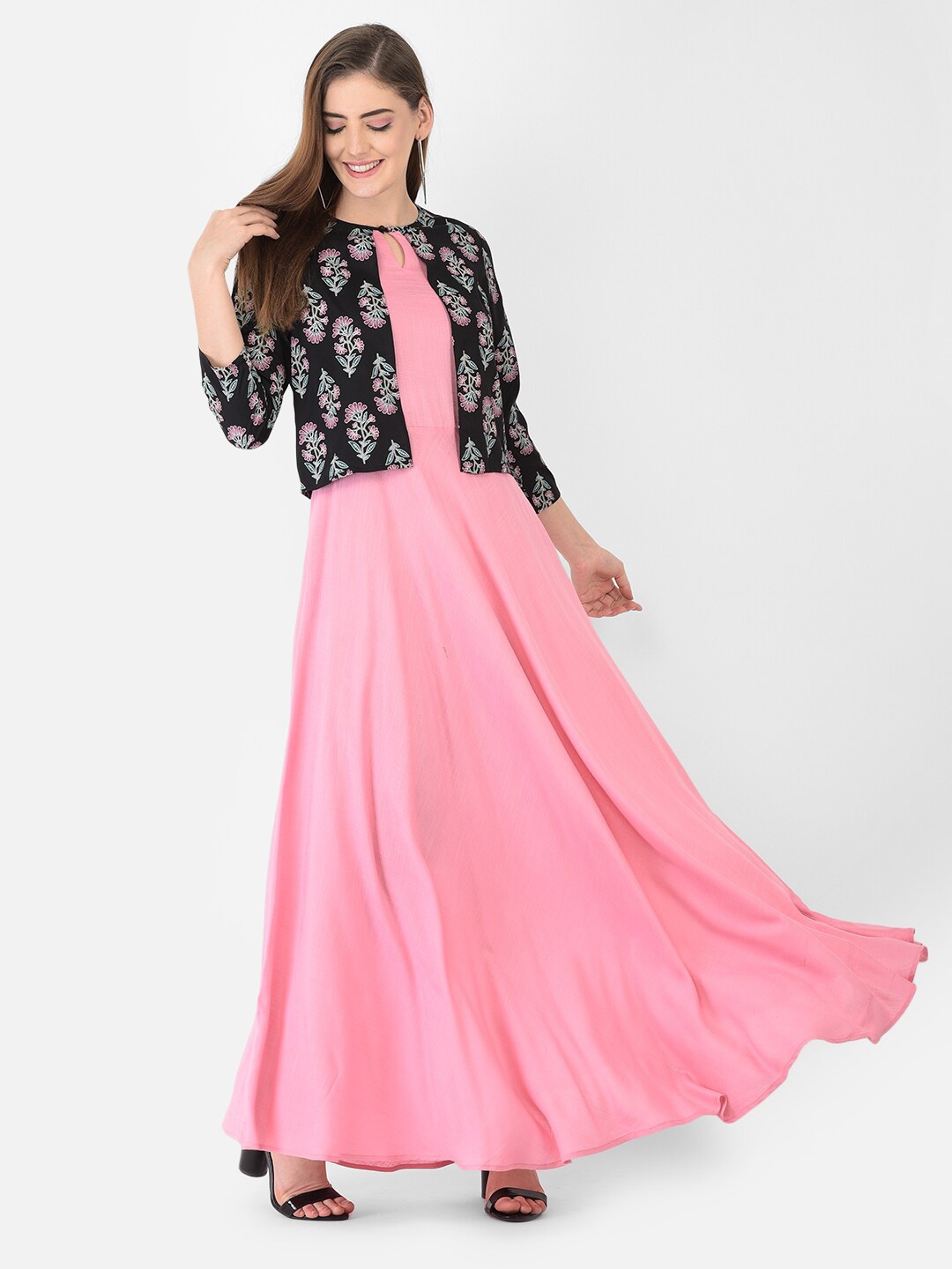

Ojjasvi Pink Ethnic Maxi Dress with attached Printed Shrug