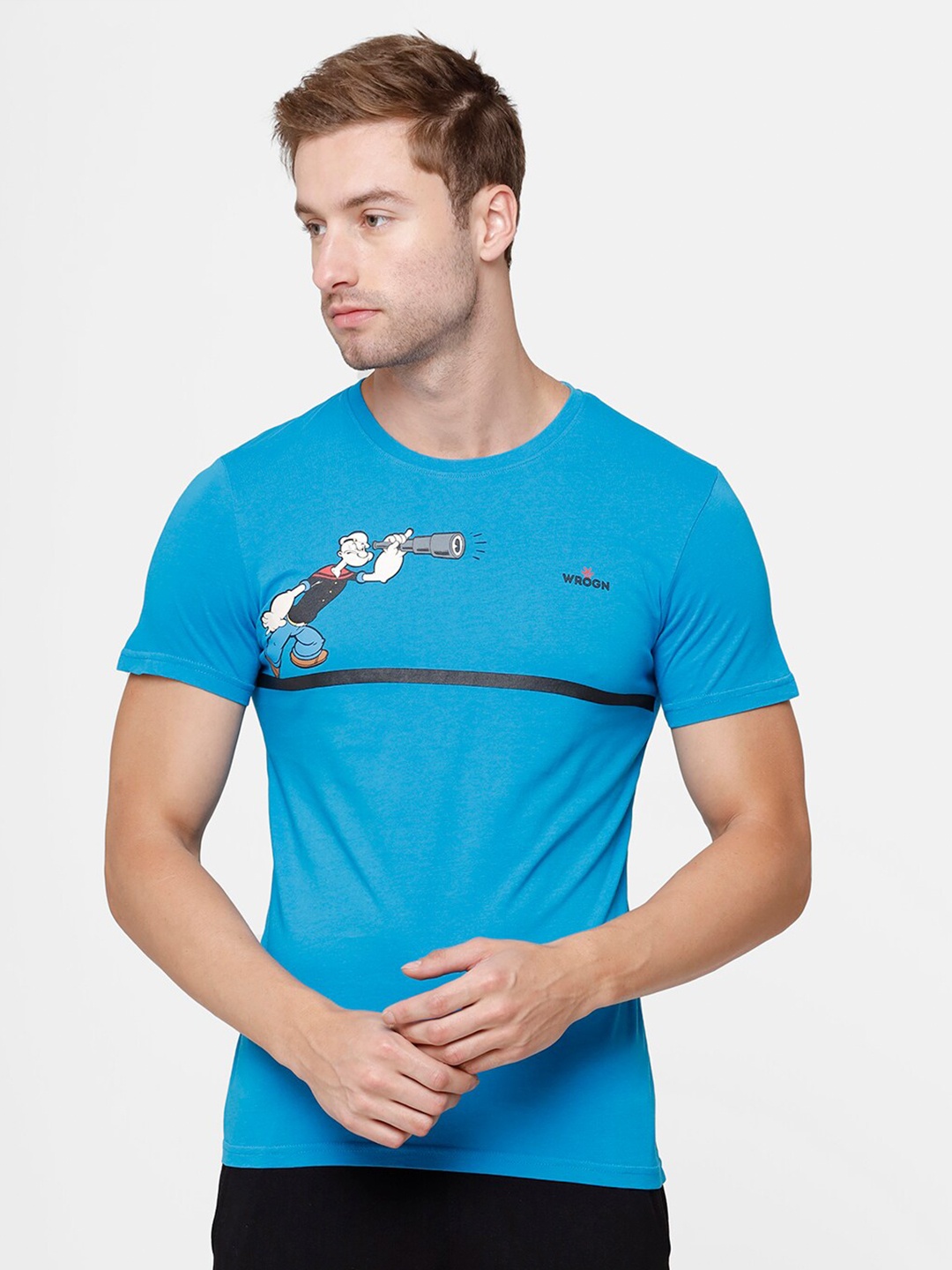 

WROGN Men Blue Typography Slim Fit Pure Cotton T-shirt