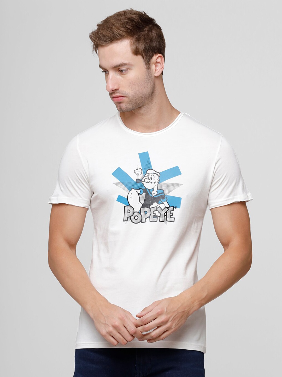 

WROGN Men White Popeye Printed Slim Fit T-shirt