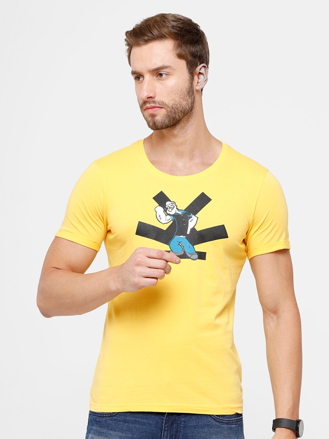 

WROGN Men Yellow Popeye Printed Slim Fit T-shirt