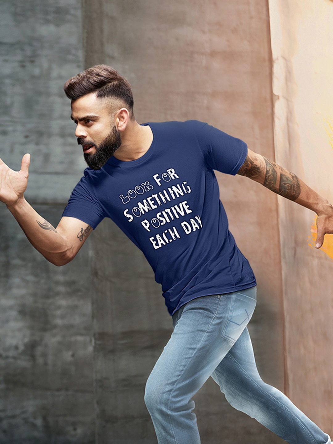 WROGN Men Navy Blue Typography Printed Slim Fit T-shirt