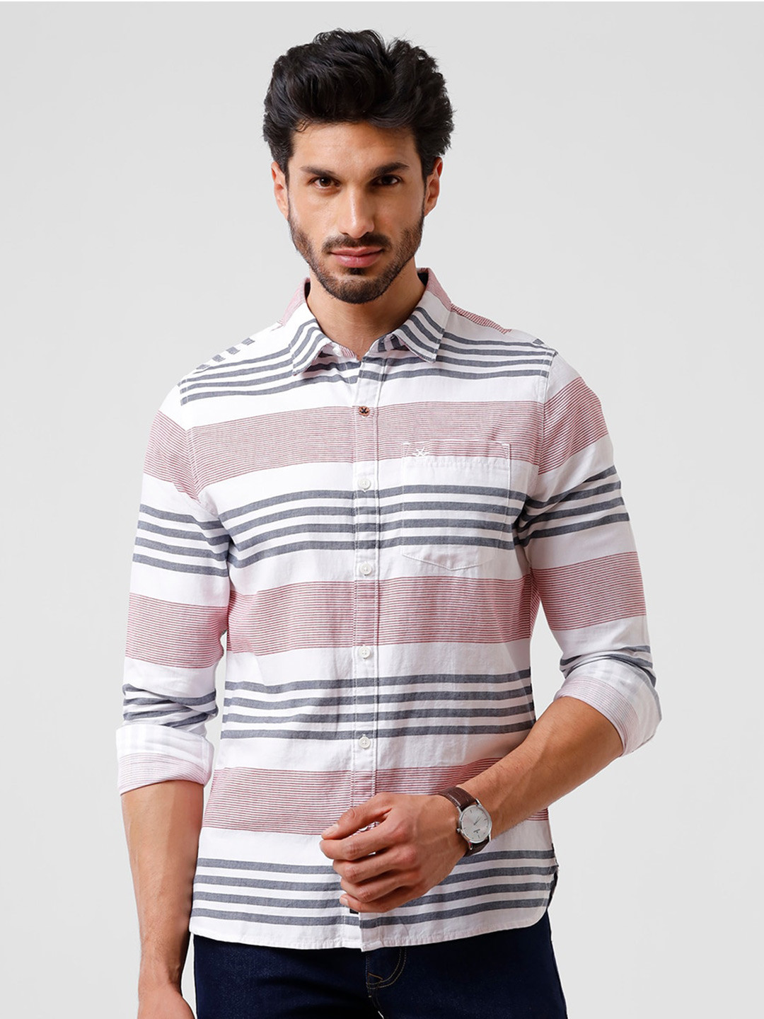 

WROGN Men Red Slim Fit Horizontal Stripes Striped Casual Shirt, Multi