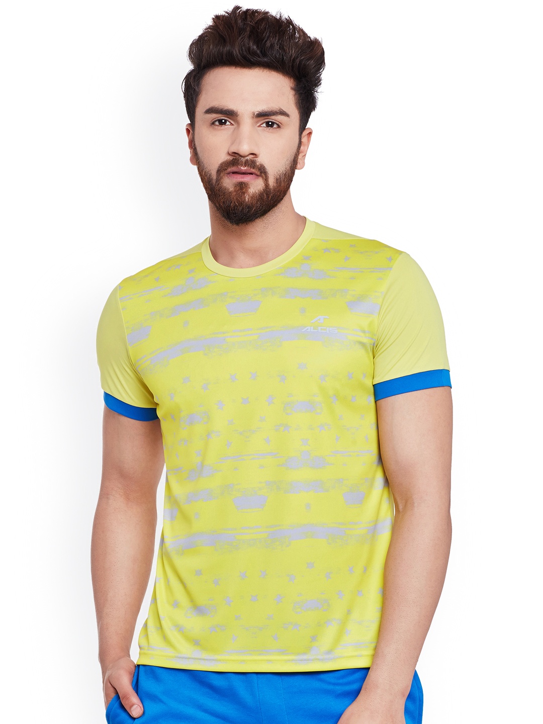 

Alcis Men Yellow Printed Round Neck Slim Fit Sports T-shirt