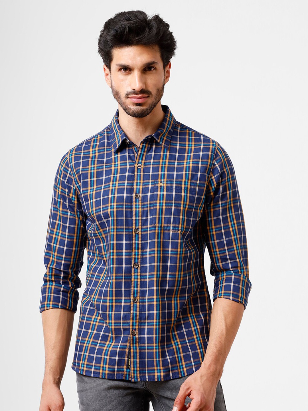 

WROGN Men Navy Blue Slim Fit Checked Casual Shirt