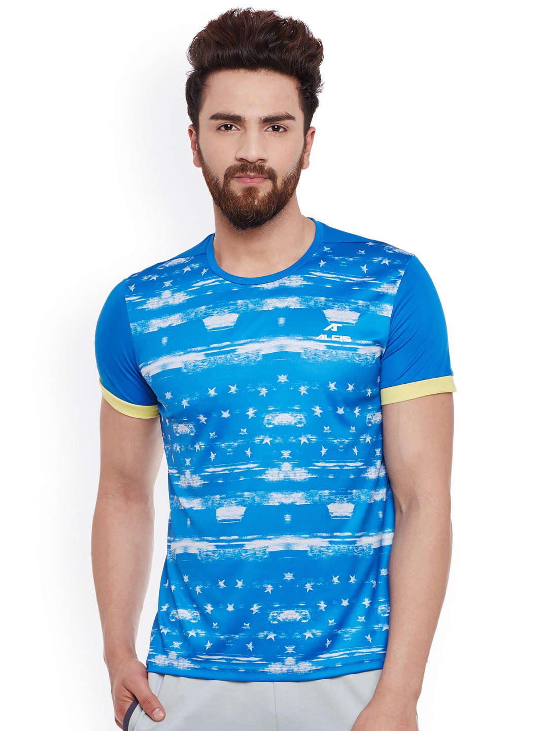 

Alcis Men Blue Printed Round Neck Slim Fit Sports T-shirt