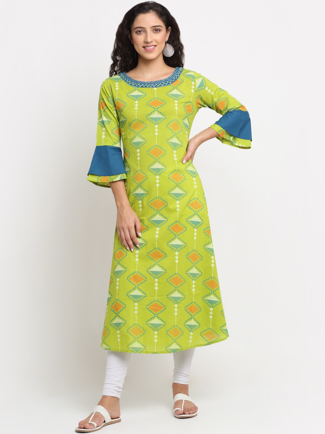 

KALINI Women Green & Blue Geometric Printed Bell Sleeves Cotton Kurta