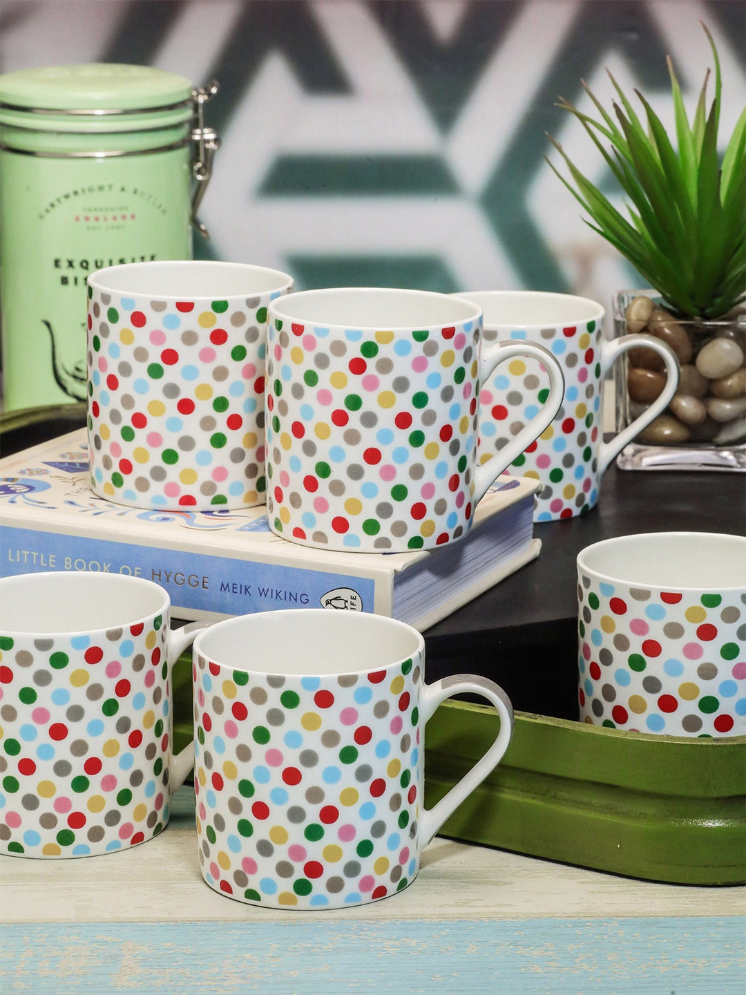 

GOODHOMES White & Green Floral Printed Bone China Glossy Mugs Set of Cups and Mugs