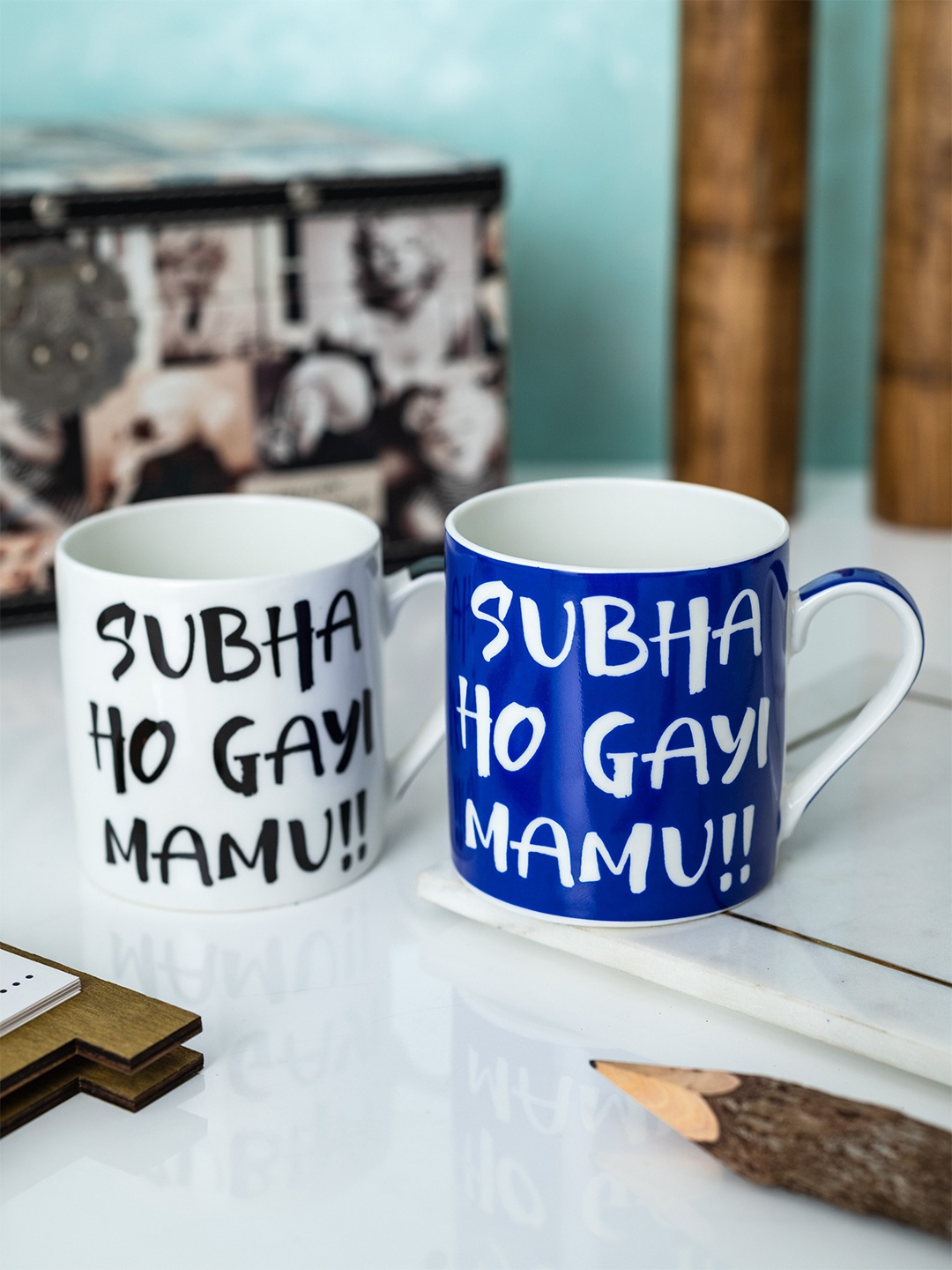 

GOODHOMES Set of 2 White & Blue Printed Bone China Glossy Mugs
