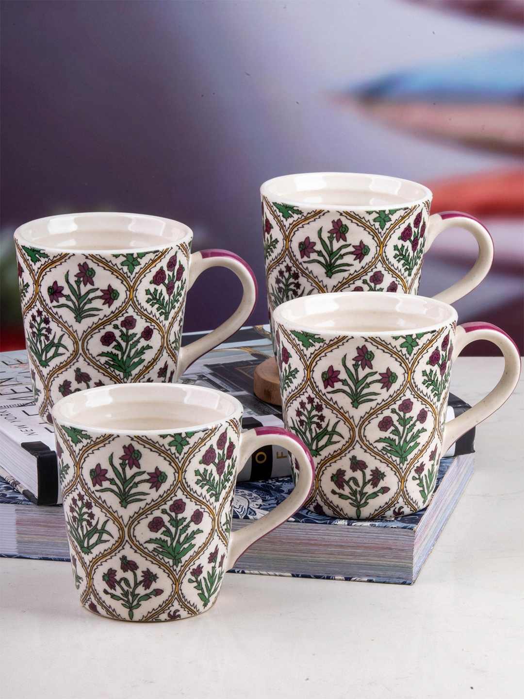 

GOODHOMES Set of 4 White & Green Floral Printed Stoneware Glossy Cups