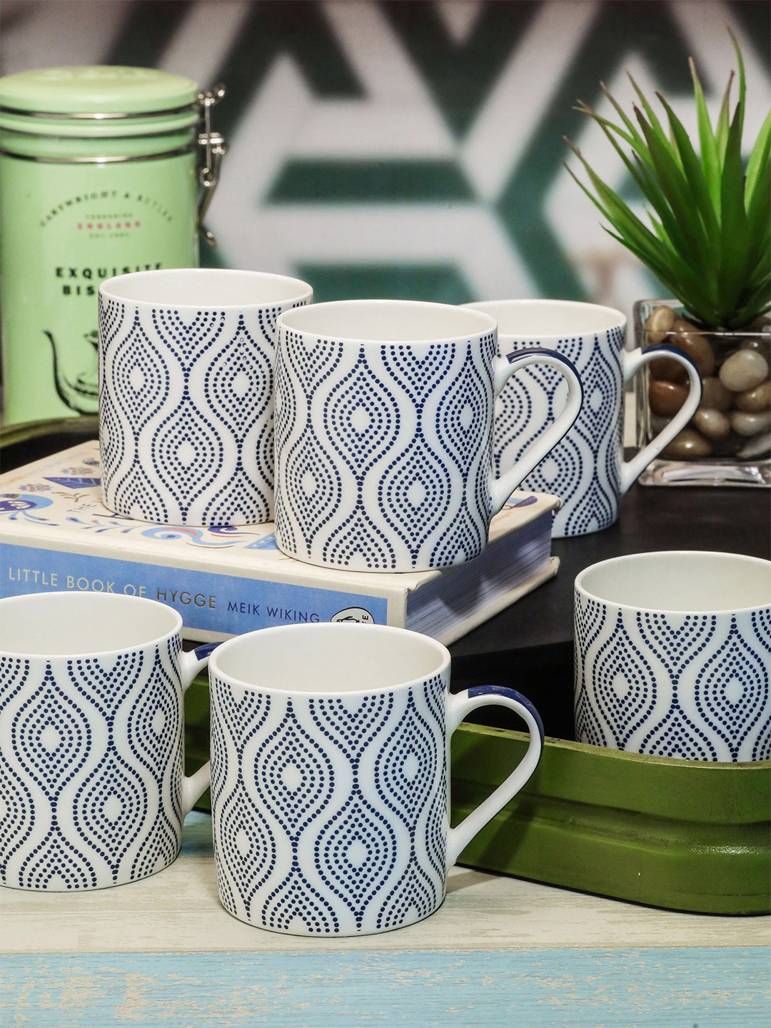

GOODHOMES Set of 6 White & Blue Printed Bone China Mugs