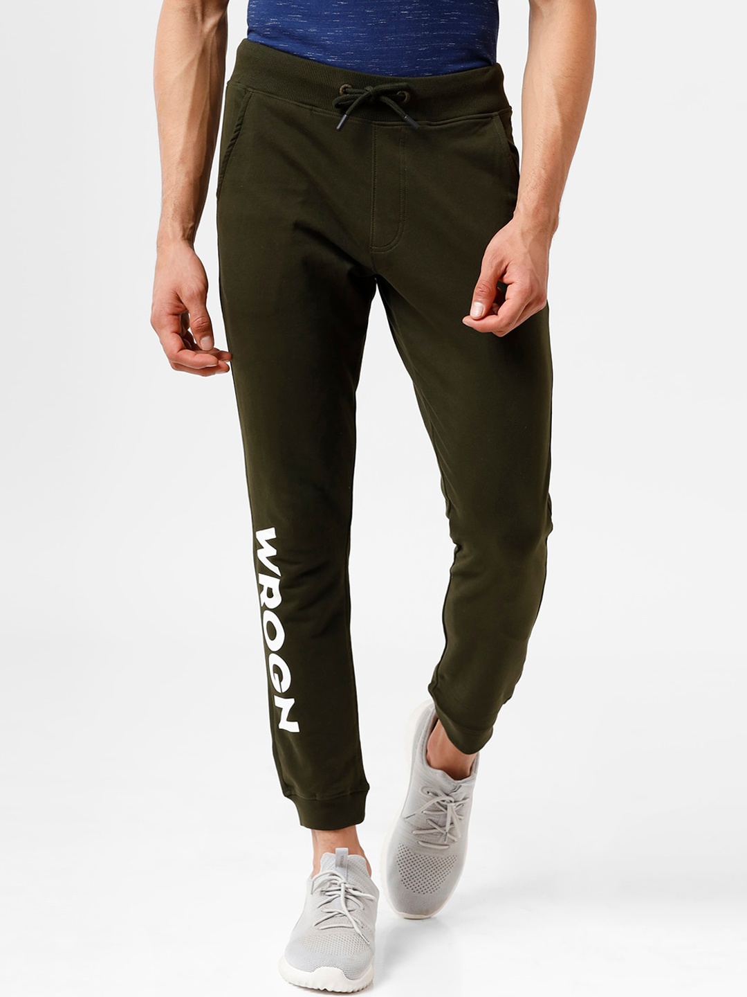 

WROGN Men Olive Green Pure Cotton Joggers Trousers