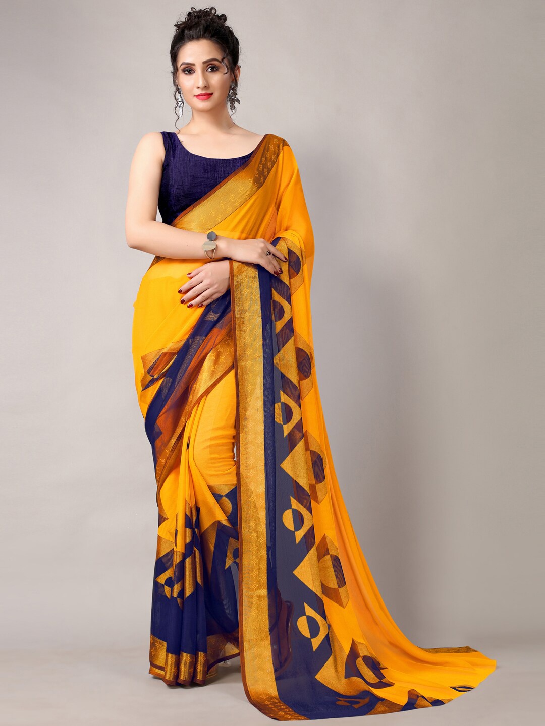 

HRITIKA Yellow & Blue Zari Brasso Saree