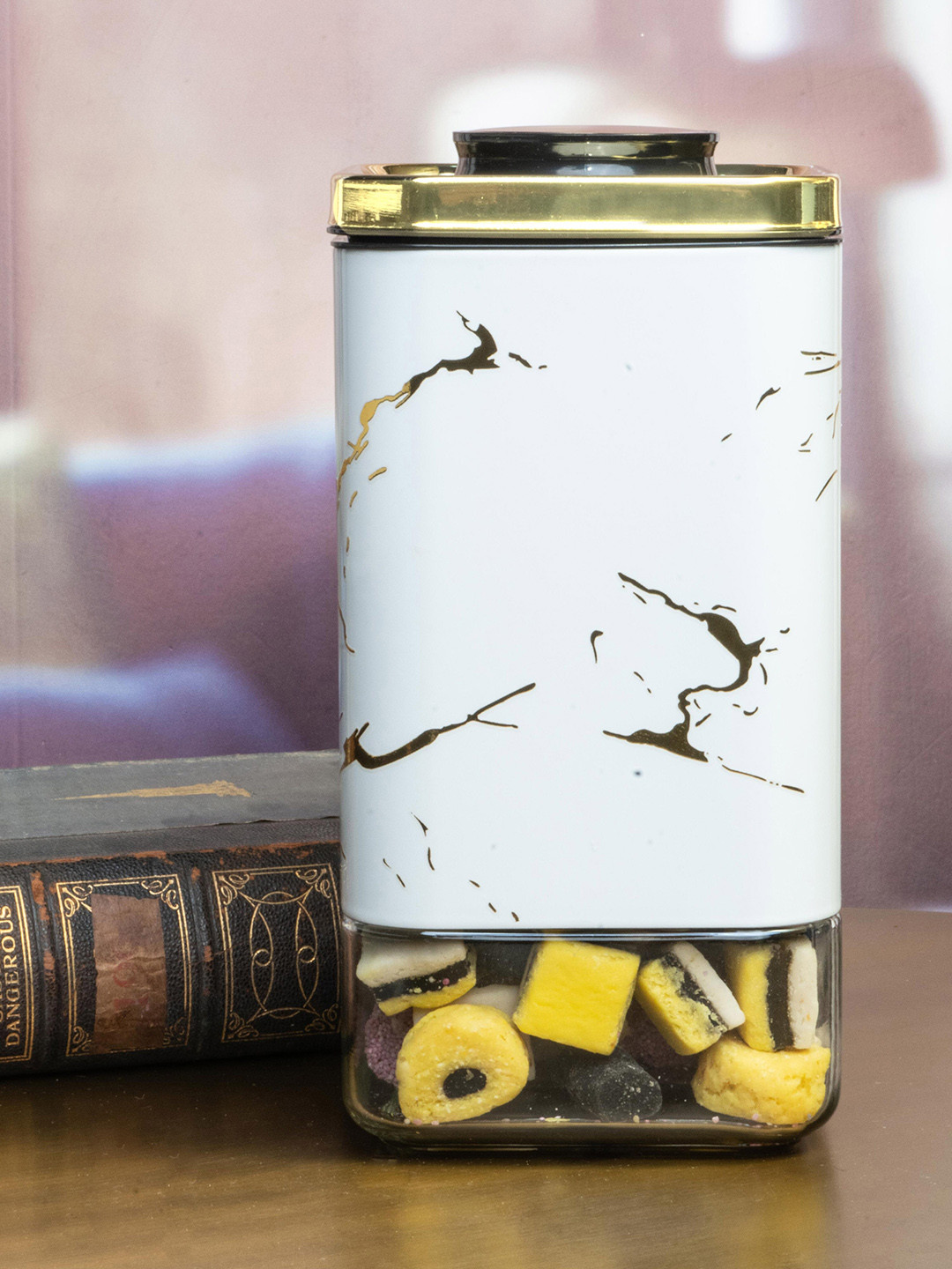 

White Gold -Toned & White Printed Glass Storage Jar