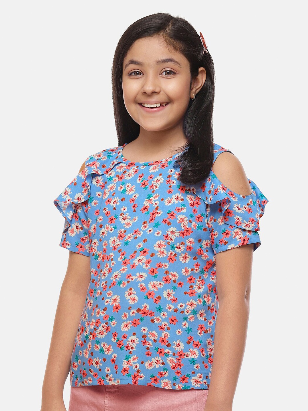 

CACA CINA Blue & Pink Floral Printed Ruffles Top