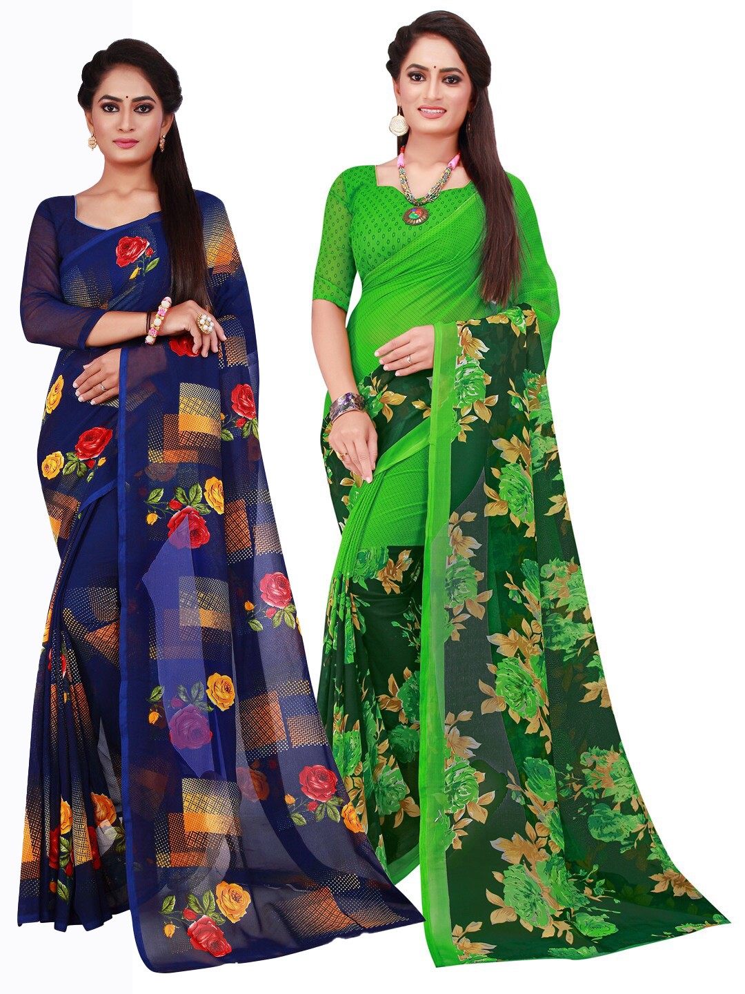 

KALINI Pack of 2 Navy Blue & Green Pure Georgette Saree