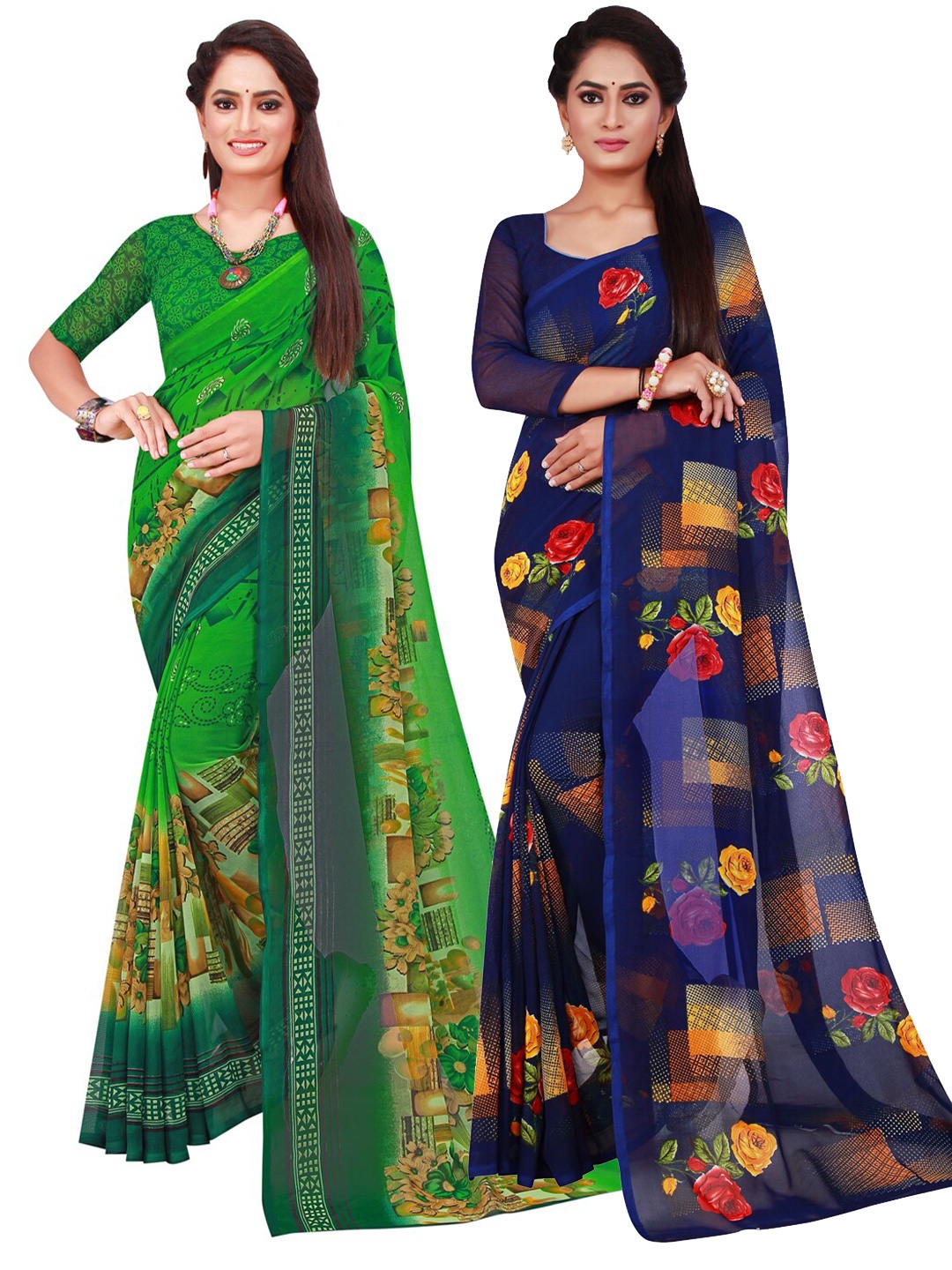 

KALINI Women Navy Blue & Green Floral Pure Georgette Saree