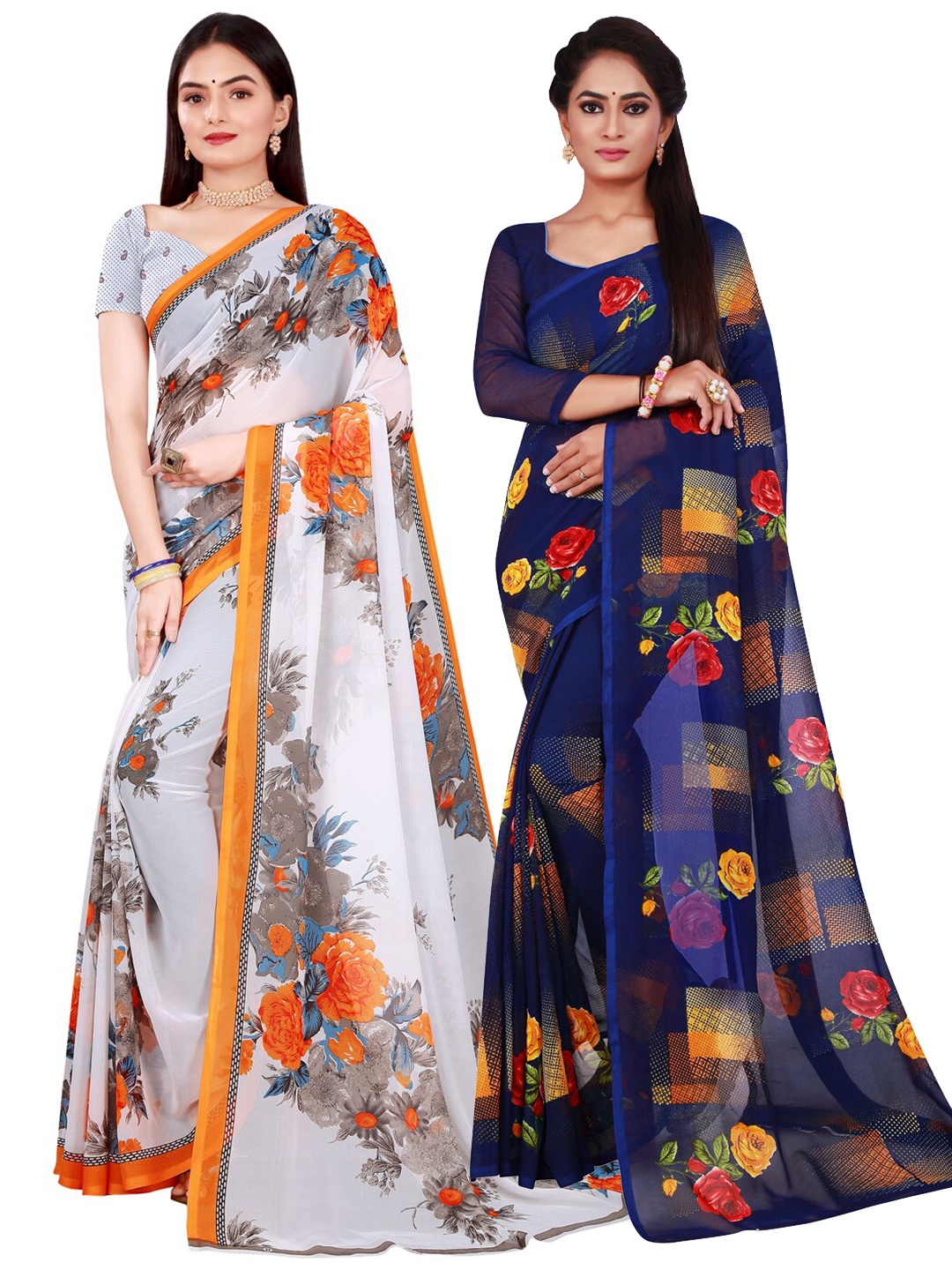 

KALINI Navy Blue & White Pack of 2 Floral Pure Georgette Saree