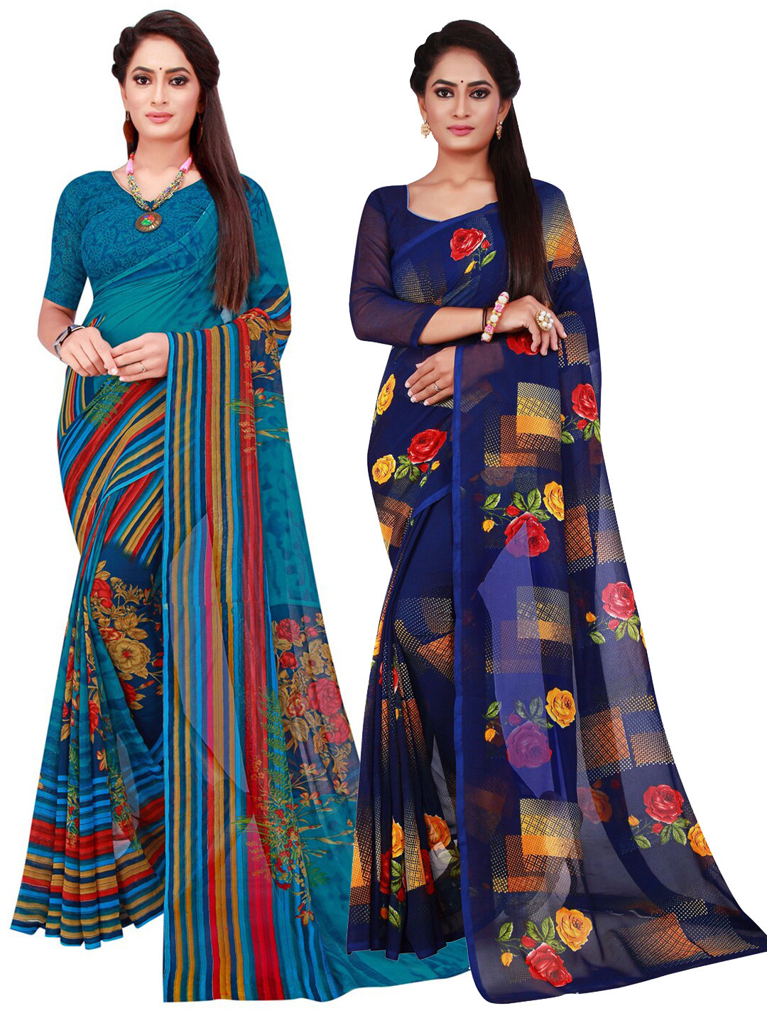 

KALINI Navy Blue & Teal Pure Georgette Saree