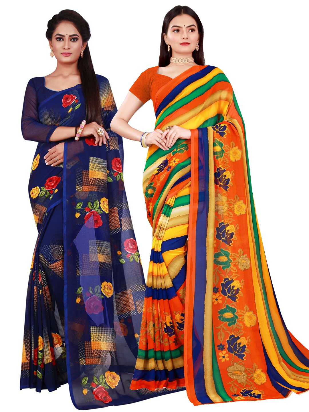

KALINI Pack of 2 Floral Pure Georgette Saree, Blue