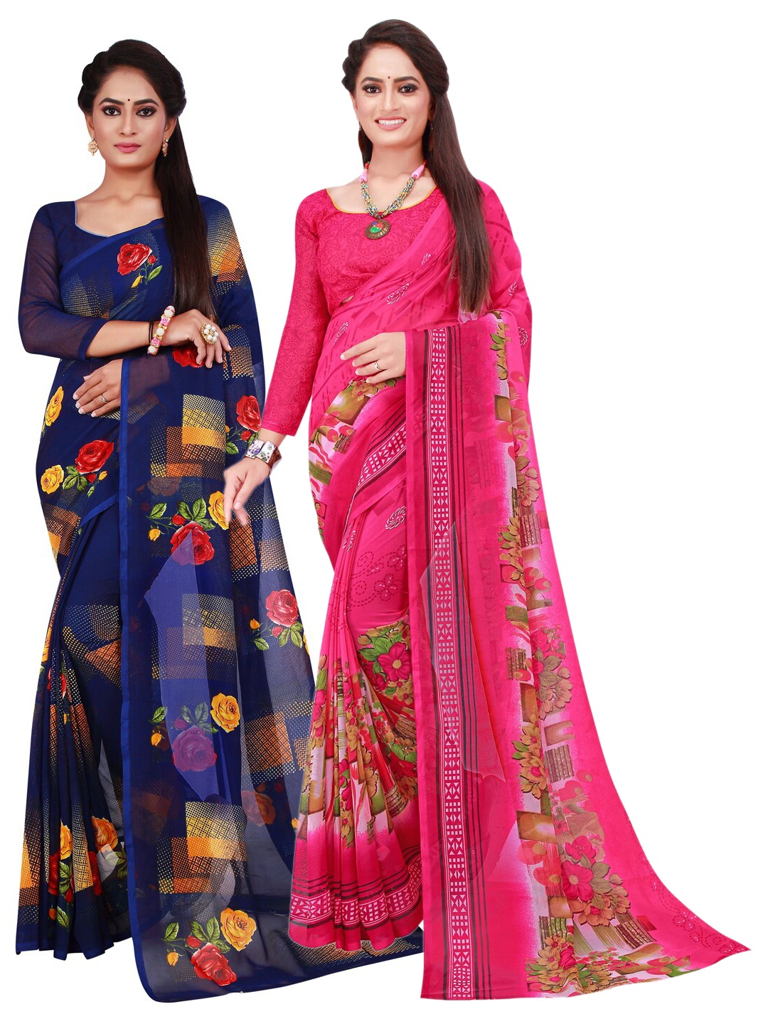 

KALINI Navy Pack Of 2 Navy Blue & Magenta Pure Georgette Saree