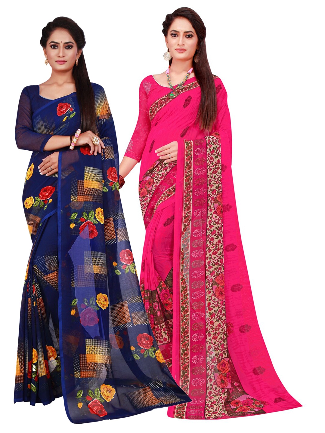 

KALINI Pack of 2 Navy Blue & Magenta Pink Floral Pure Georgette Saree