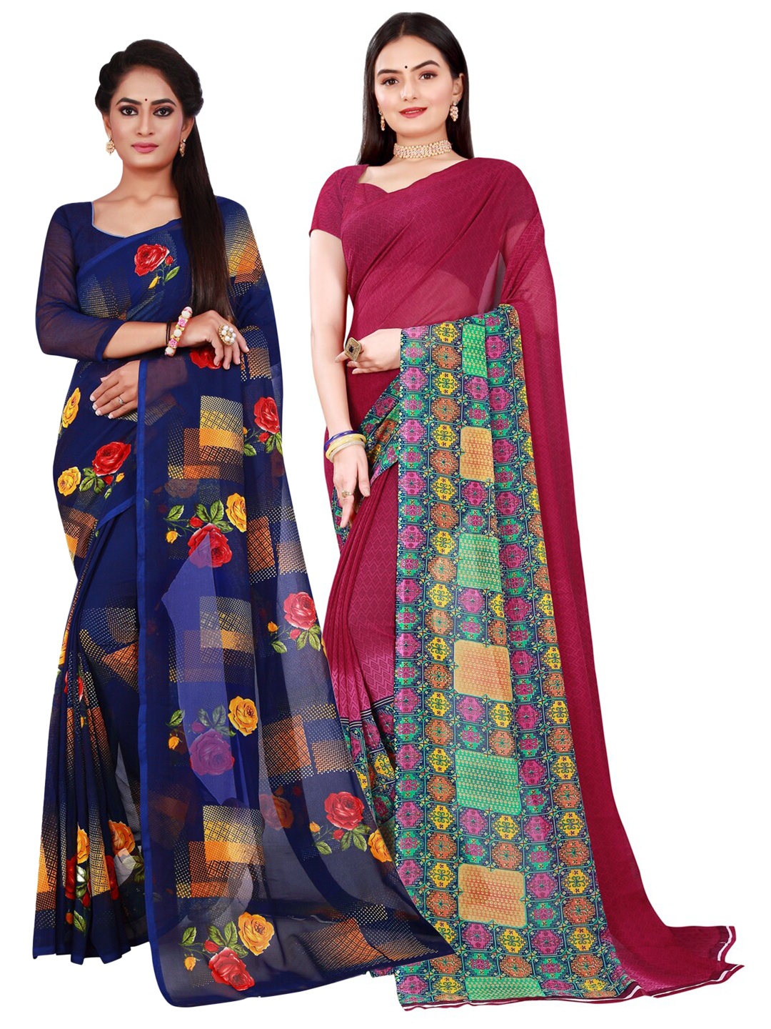 

KALINI Navy Blue & Burgundy Set of 2 Pure Georgette Saree