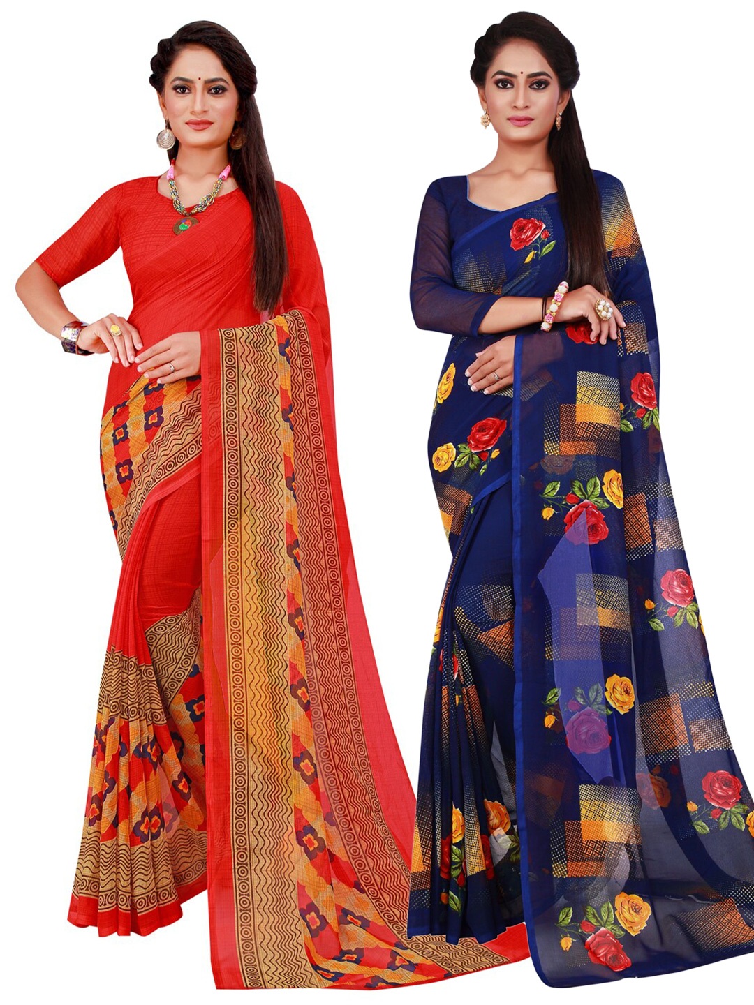 

KALINI Pack of 2 Printed Pure Georgette Sarees, Red